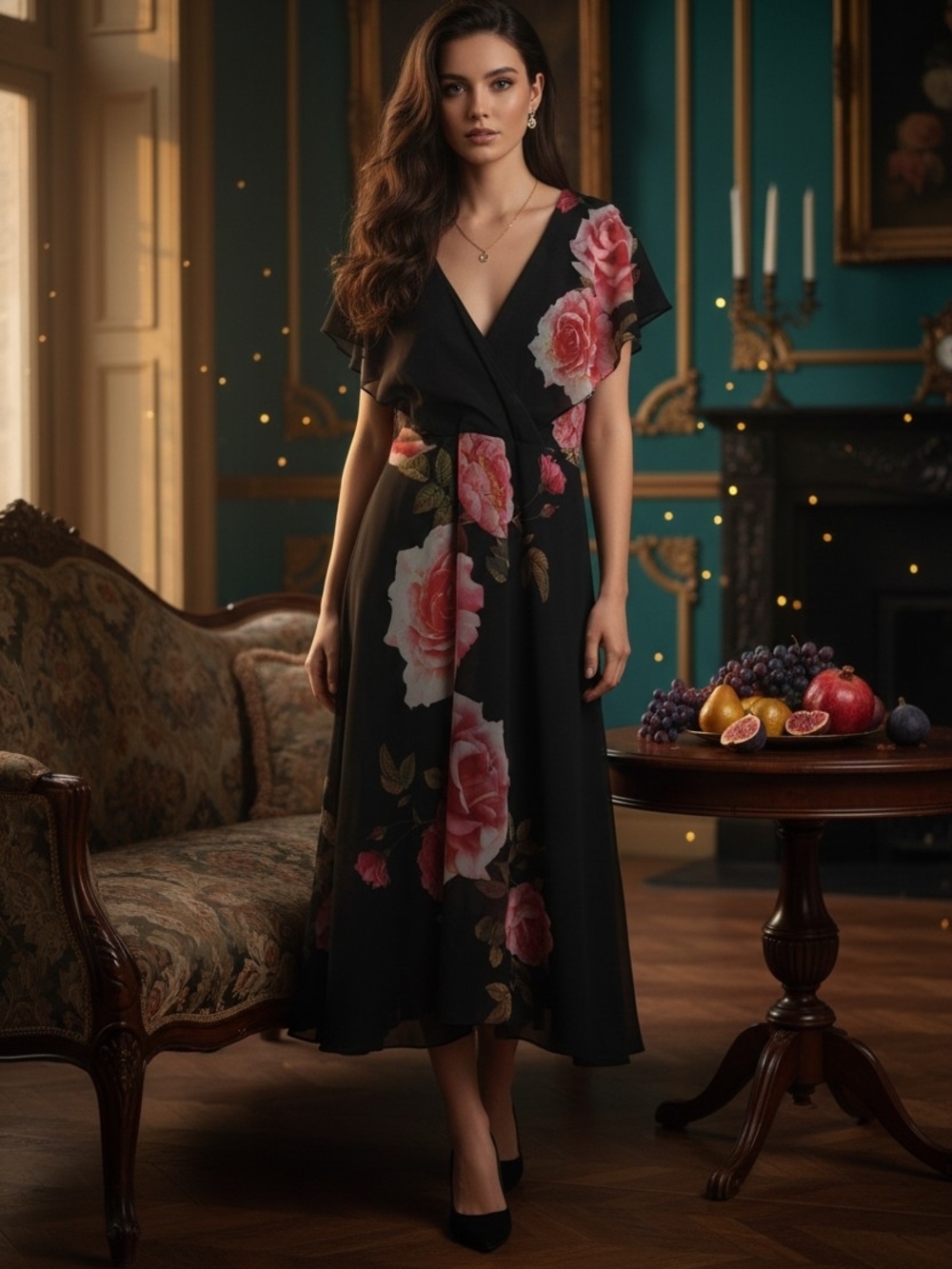 New City Chic Black Chelsea Show Maxi Dress with Pink Rose Print